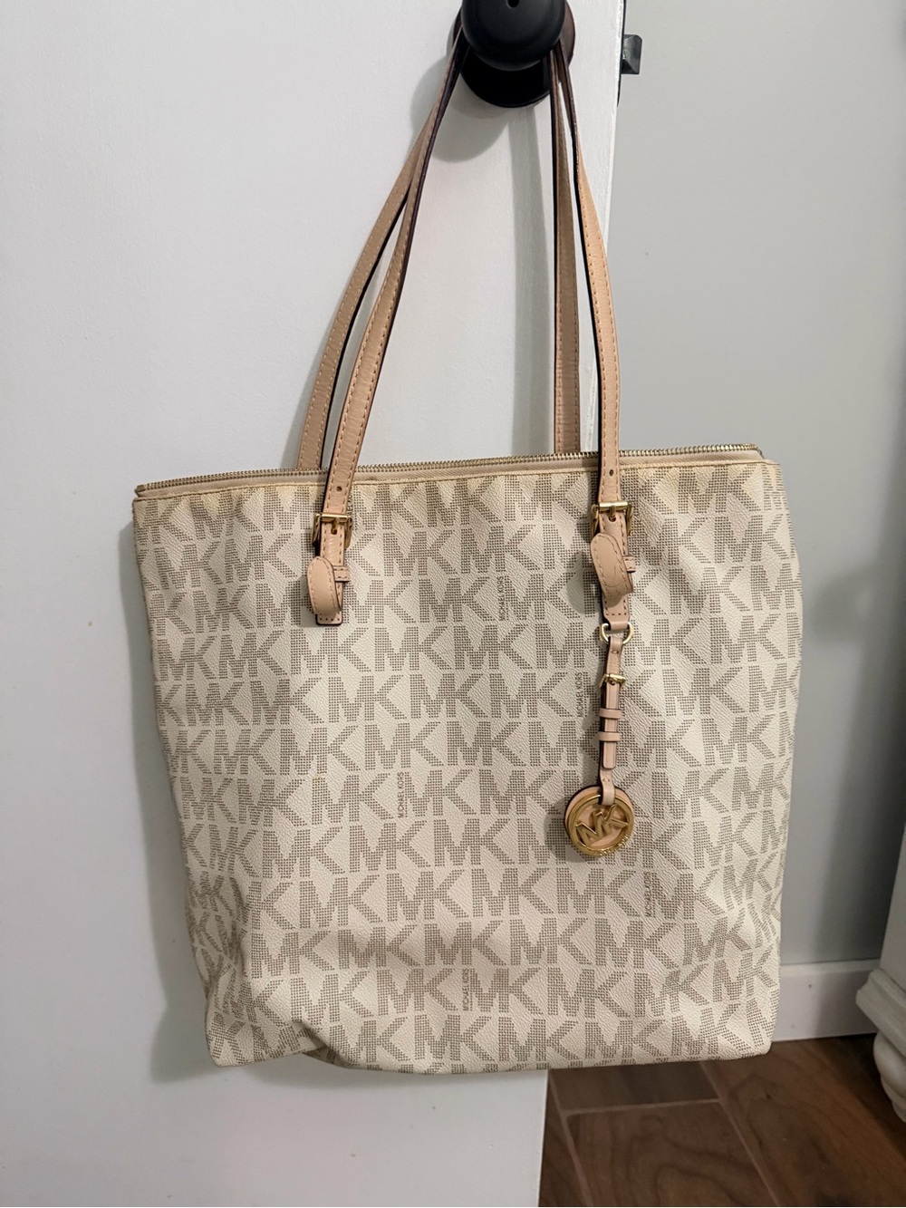 Michael Kors Ivory/Tan Logo Canvas Tote with Gold Charm